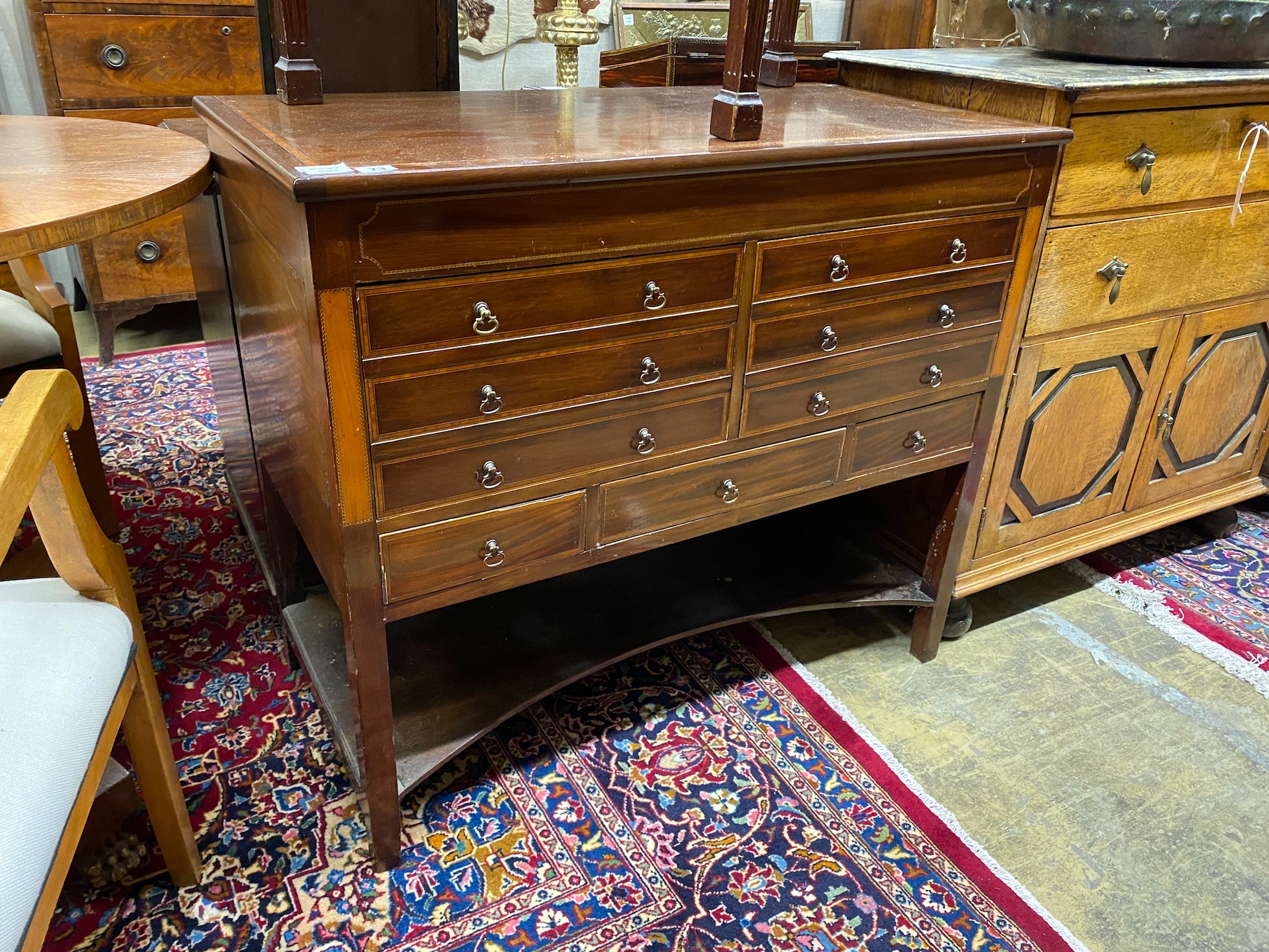 An Edwardian style satinwood banded mahogany five drawer chest, width 93cm, depth 46cm, height 80cm